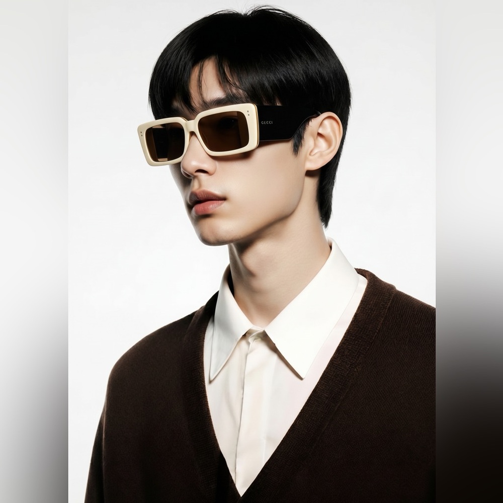 New Gucci GG0543S 002 Ivory Black Oversized Rectangular Sunglasses Brown Lens - Picture 4 of 12